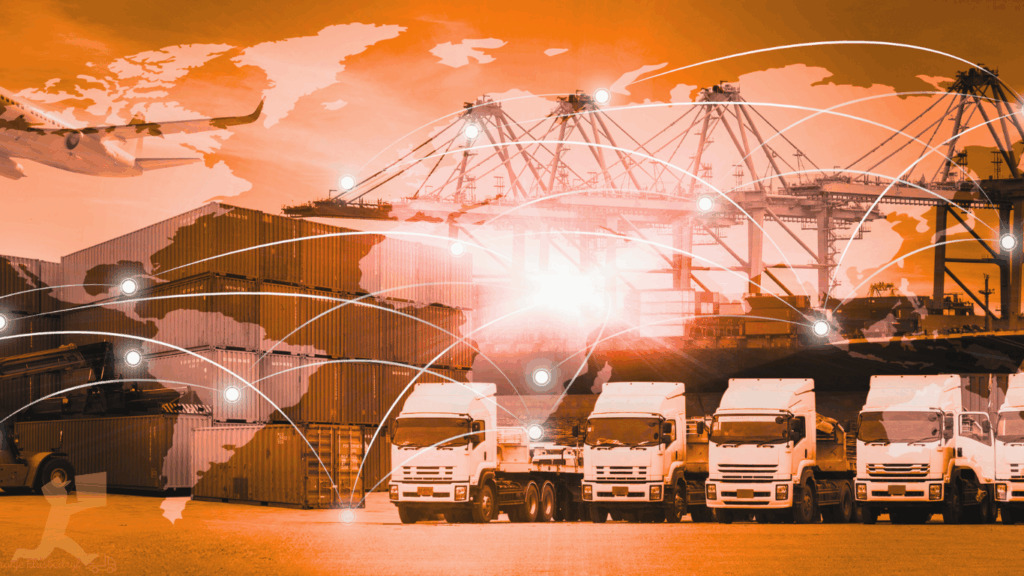Illustratie van wereldwijde logistiek met vrachtwagens, containers, vliegtuig en havenkranen onder een oranje gloed.