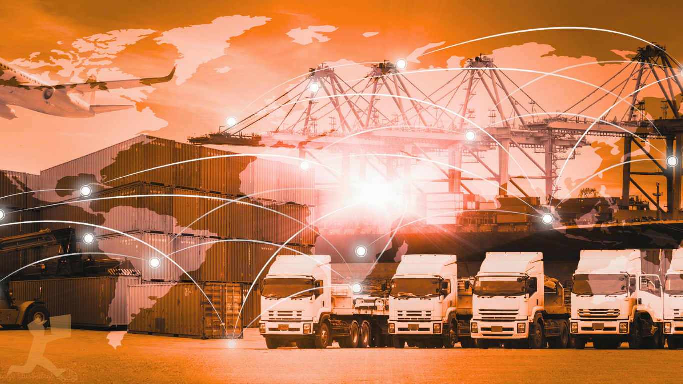 Illustratie van wereldwijde logistiek met vrachtwagens, containers, vliegtuig en havenkranen onder een oranje gloed.